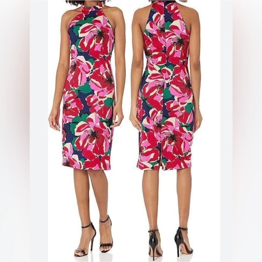 Trina Turk 2 Blue Pink Green Pink Black Sleeveless Ponte Floral Dress